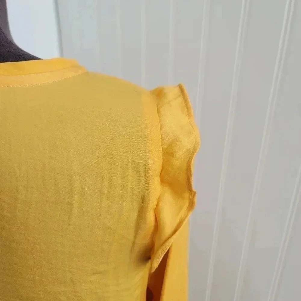 LOFT Top Yellow Silky Feel Puff Sleeve Round Neck Crinkle Fabric Long Sleeve S